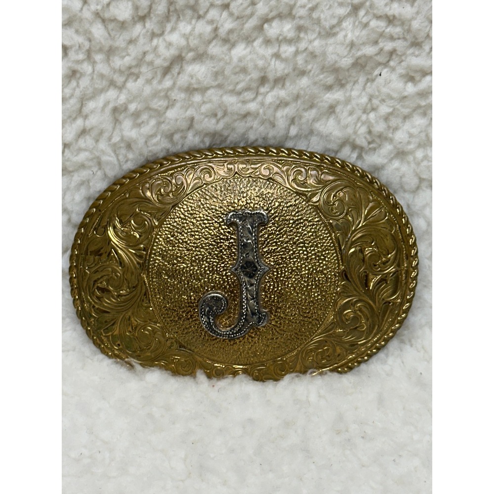 Vintage Crumrine Belt Buckle Initial J Gold Silver Tone Western Scroll Oval